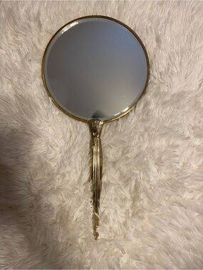 Vintage Gold Tone Heavy Round Handheld Mirror 14 1/2”